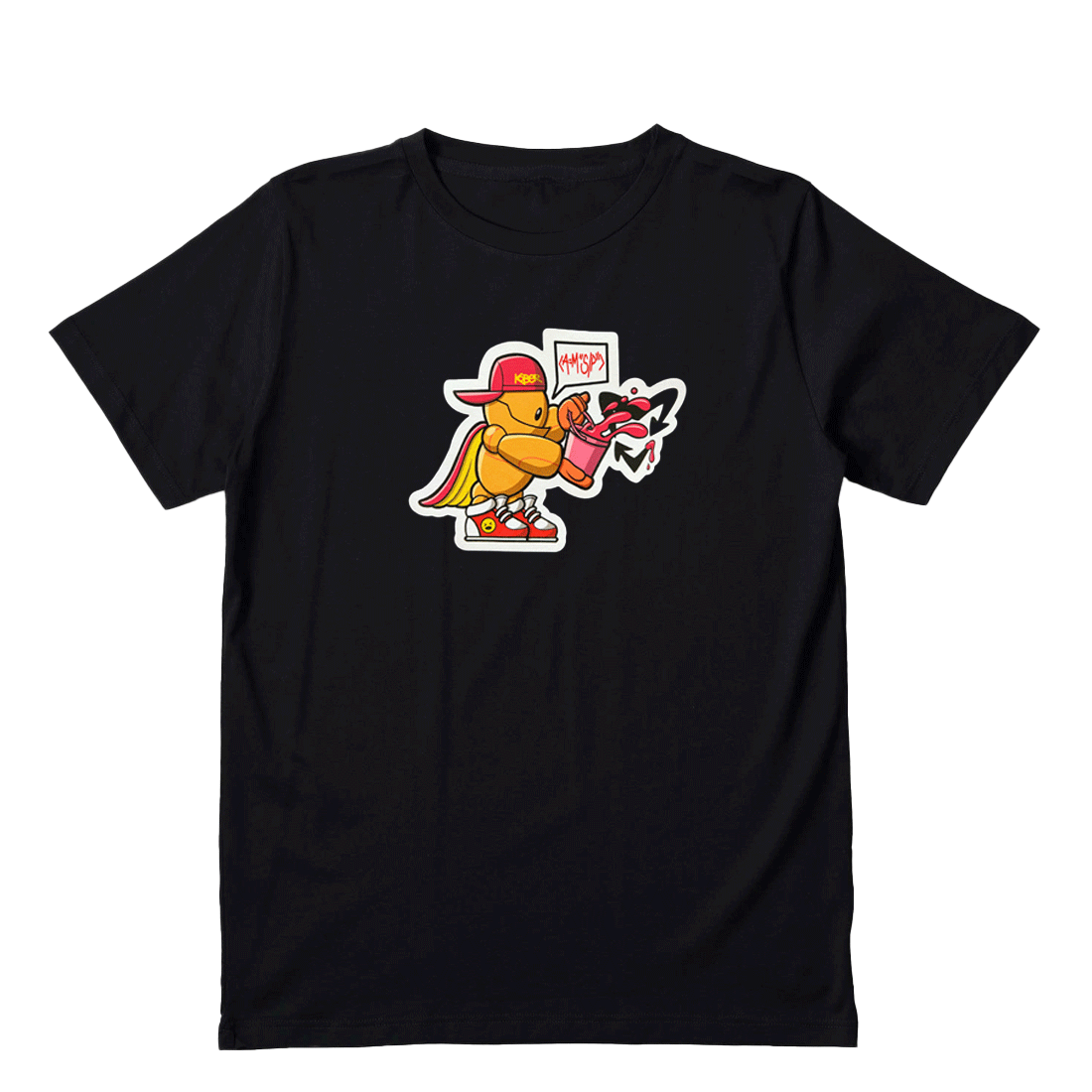 Kids black t-shirt Orange robot with pink paint bucket