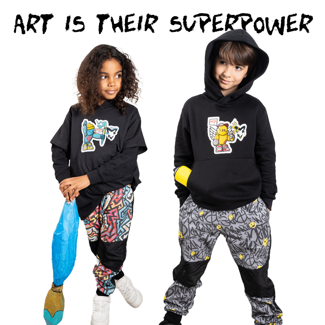 Kids black T-shirt Blue Brush Robot