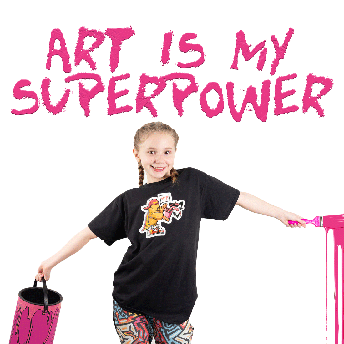 Kids black t-shirt Orange robot with pink paint bucket