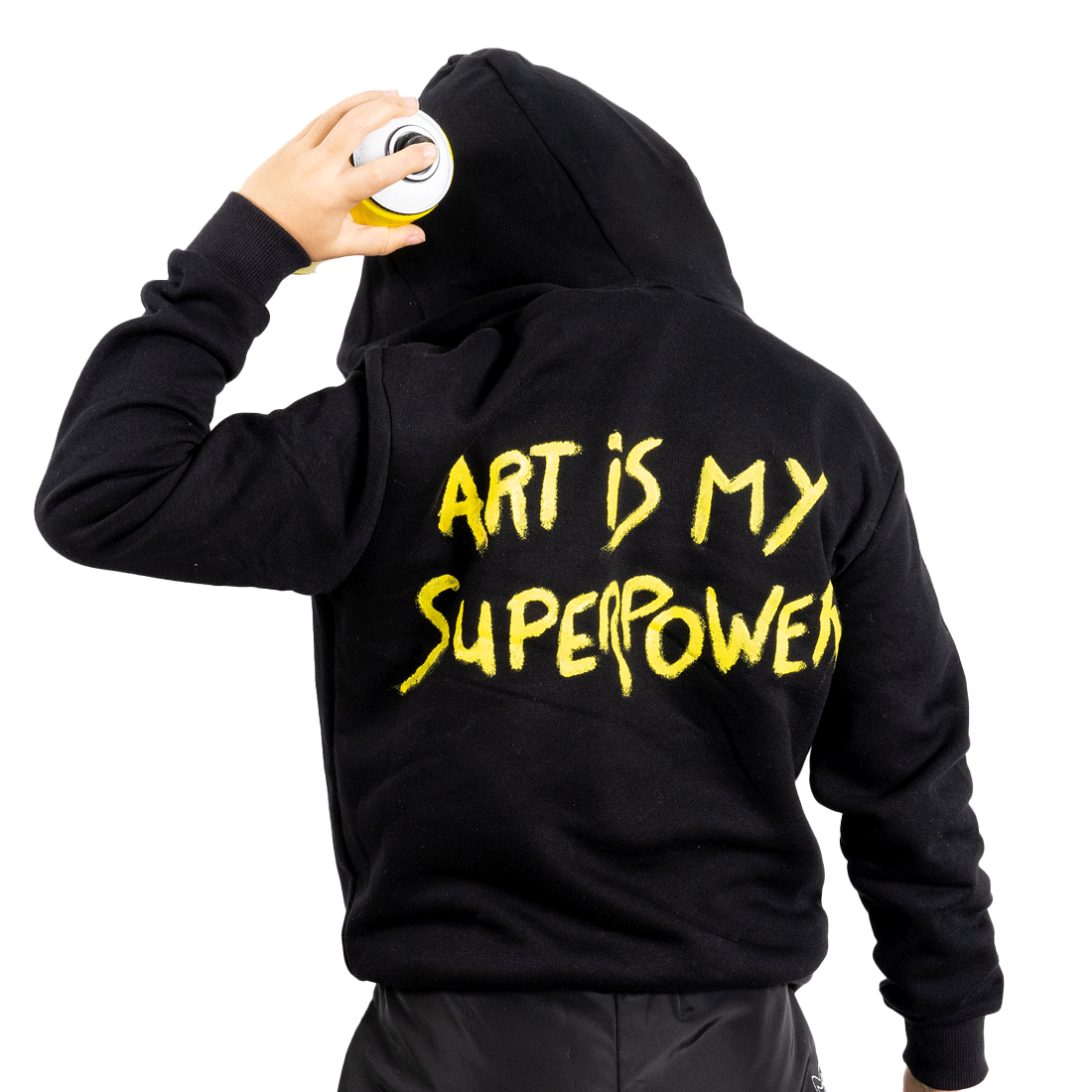 Kids black hoodie yellow spray can robot