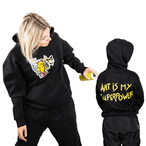 Kids black hoodie yellow spray can robot