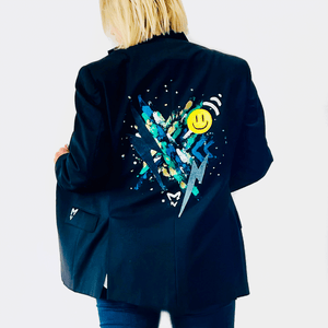 Pre-loved jackets, upcycled and painted by Kat Vandal