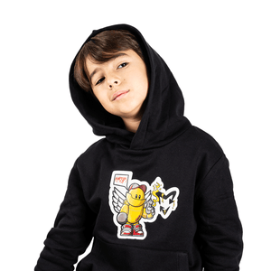 Kids black hoodie yellow spray can robot